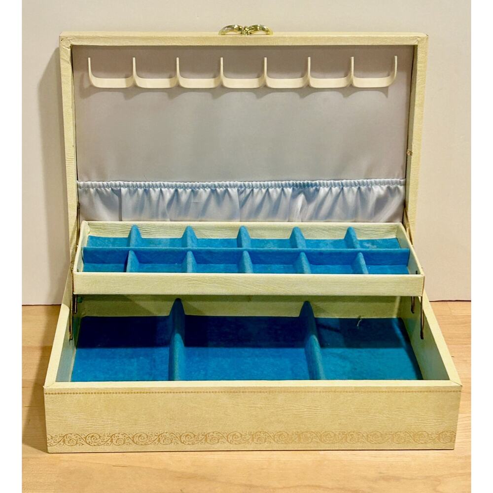 Vintage Cream Mele Jewelry Box, Blue Velvet Pop Up Two Tier Case Mid Century